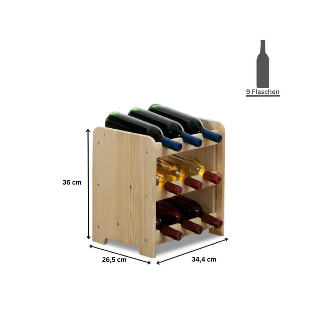 WEINREGAL Pinotwine C 36x34,4x26,5 cm 9 Flaschen Massives Kiefernholz Natur Unbehandelt - Naturfarben, Holz (34.4/36/26.5cm) - PROREGAL