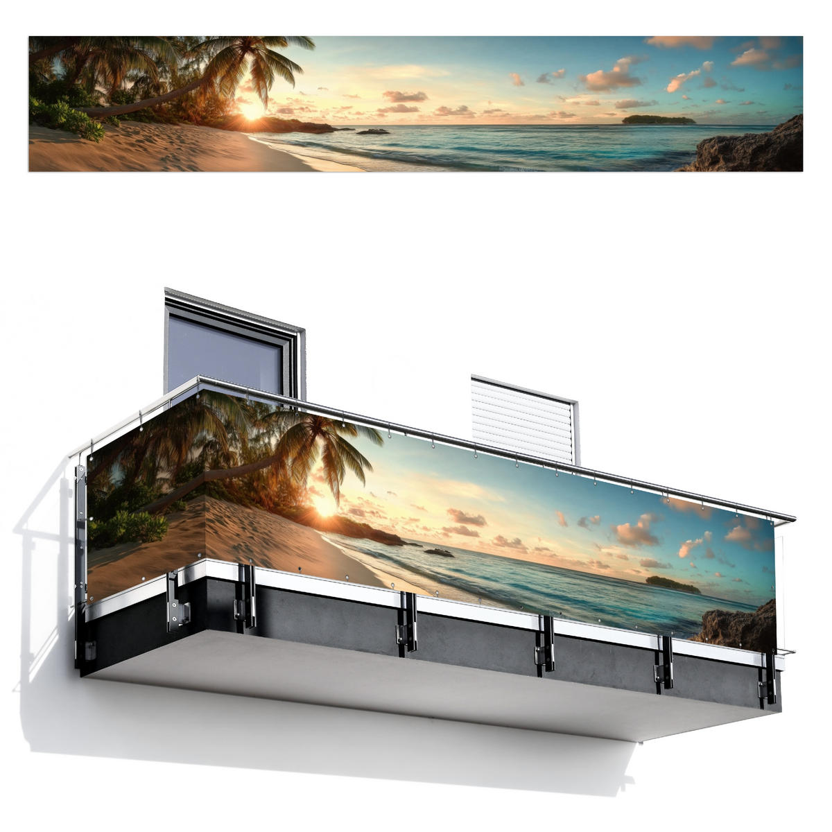 BALKON-SICHTSCHUTZ Strand - Palmen - Meer - Sonnenuntergang 500x90 cm - Samtahornfarben, Kunststoff (500/90cm) - MuchoWow