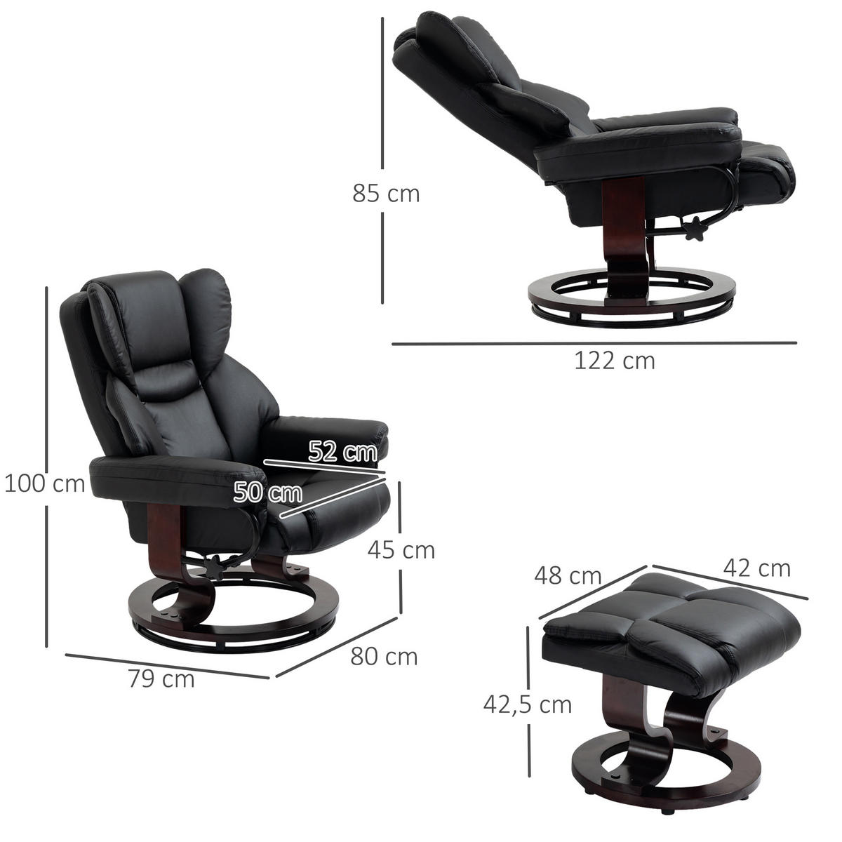 RELAXSESSEL mit Hocker, drehbarer Fernsehsessel, TV-Sessel mit Liegefunktion - Schwarz, Leder/Holz (79/100/80cm) - HOMCOM