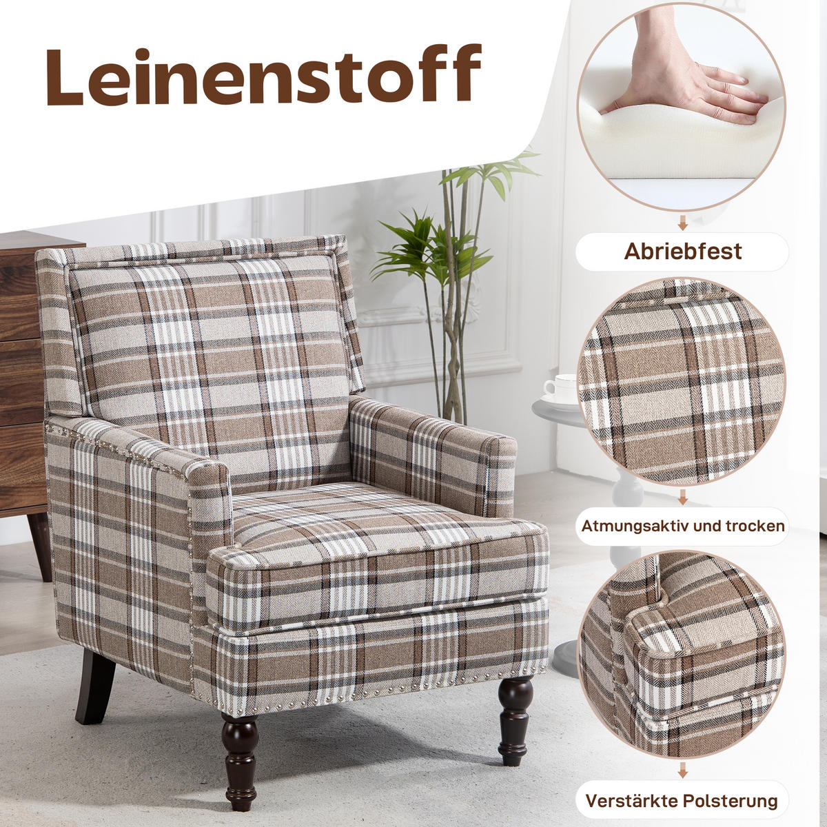 SESSEL Leinen Braun & Weiß - Braun/Weiß, Holzwerkstoff/Textil (69/89/69cm) - WISHDOR