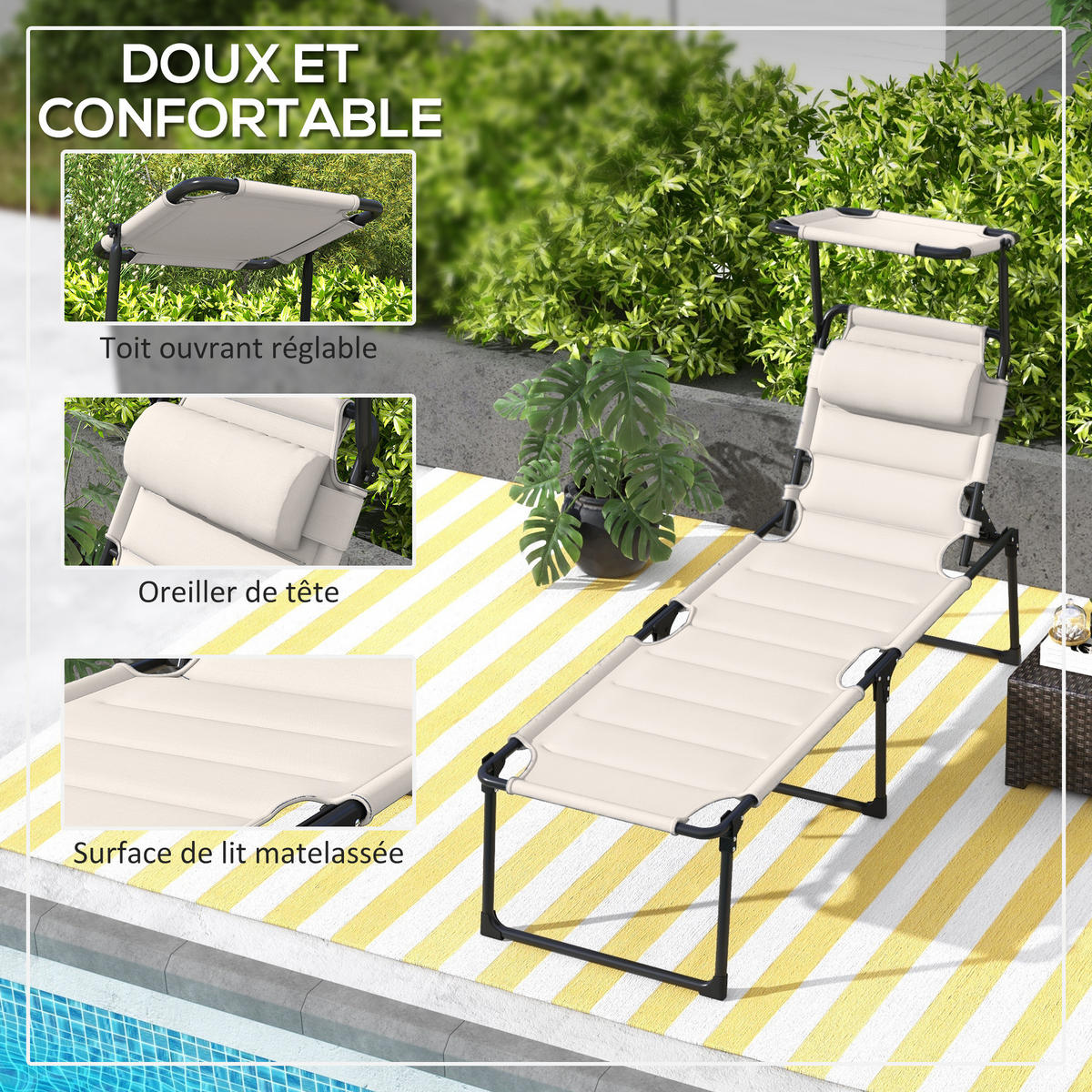 SONNENLIEGE DE-15682 200 cm, klappbar, 4-fach verstellbar, mit Sonnendach Creme - Creme, Metall (200/45/70cm) - ComfortXL