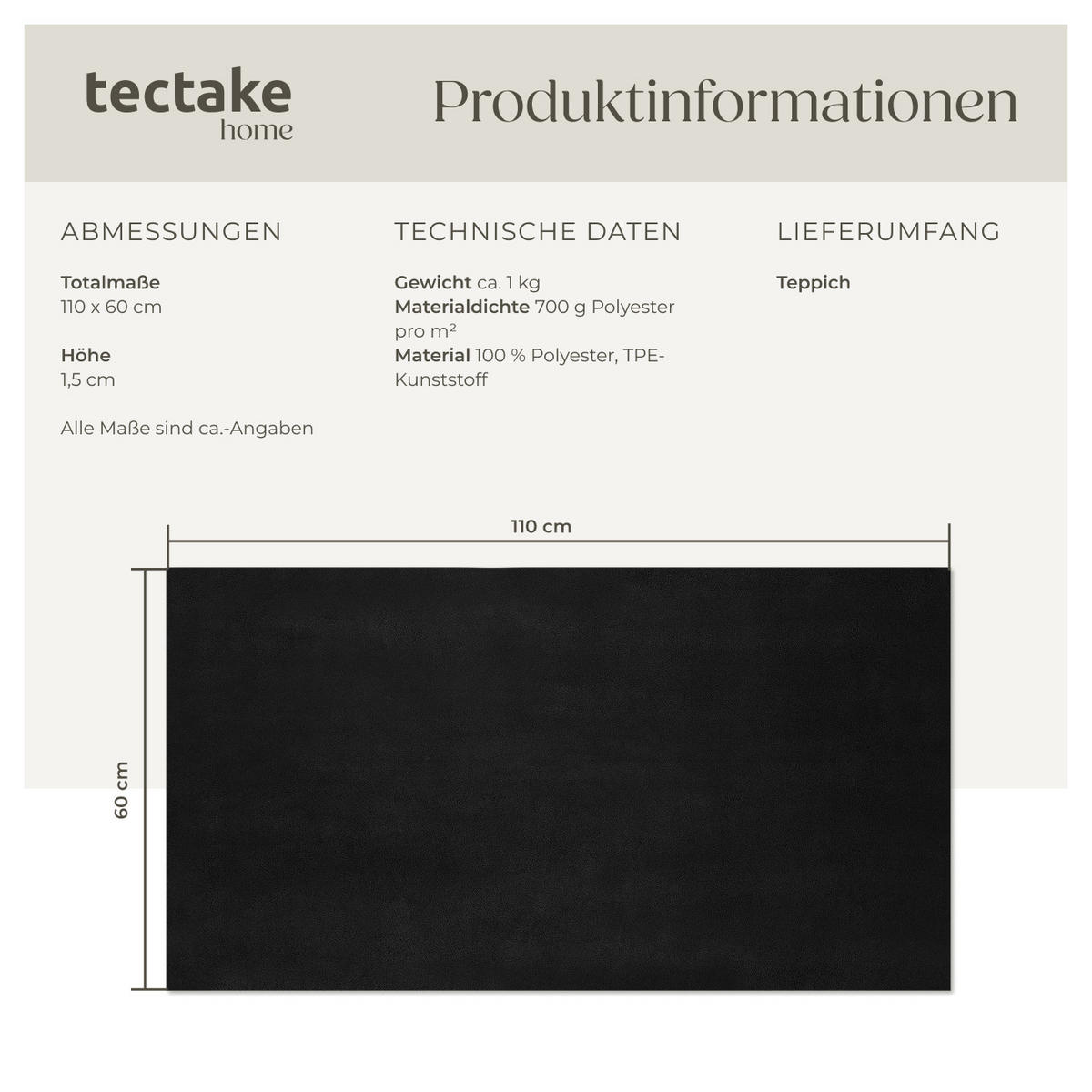 KURZFLORTEPPICH Soft Zone,rutschfeste Unterseite,schwarz - Schwarz, Kunststoff (110/60cm) - tectake