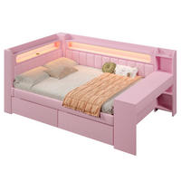 BETT 140/200 cm in Rosa Stoff mit 2 Schubladen, LED, USB und Schreibtisch - Rosa, Holzwerkstoff/Textil (140/200cm) - WISHDOR