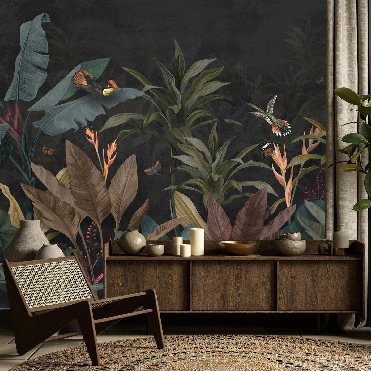 FOTOTAPETA Exotické Palmové Listy Tmavé Pozadie Hmyz Tropická 450 x 315 cm - oranžová/hnedá, papier (450/315cm) - Muralo