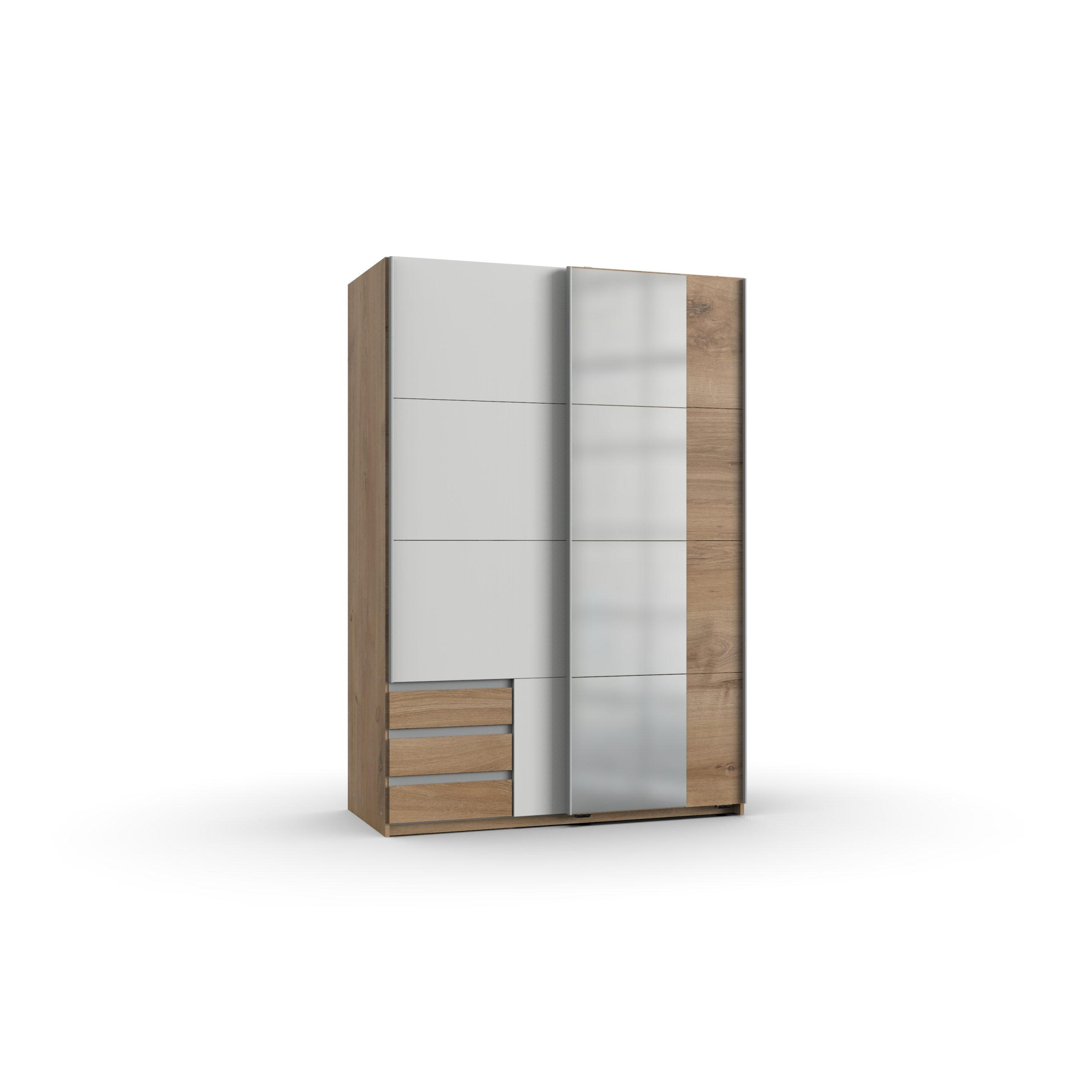KLEIDERSCHRANK Emden in Plankeneiche Weiß - Schwebetürenschrank Breite 135 cm mit Spiegel - Silberfarben/Braun, Holzwerkstoff (135/198/65cm)