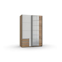KLEIDERSCHRANK Emden in Plankeneiche Weiß - Schwebetürenschrank Breite 135 cm mit Spiegel - Braun, Holzwerkstoff (135/198/65cm)