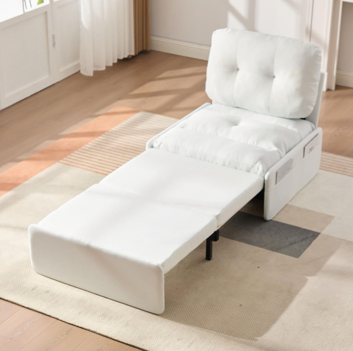 SCHLAFSESSEL aus Leinen 81,5x92x90 cm Weiß 2-in-1 ausziehbar mit Schlaffunktion und Seitentaschen - Weiß, Kunststoff (81.5/90/195cm) - Modfu