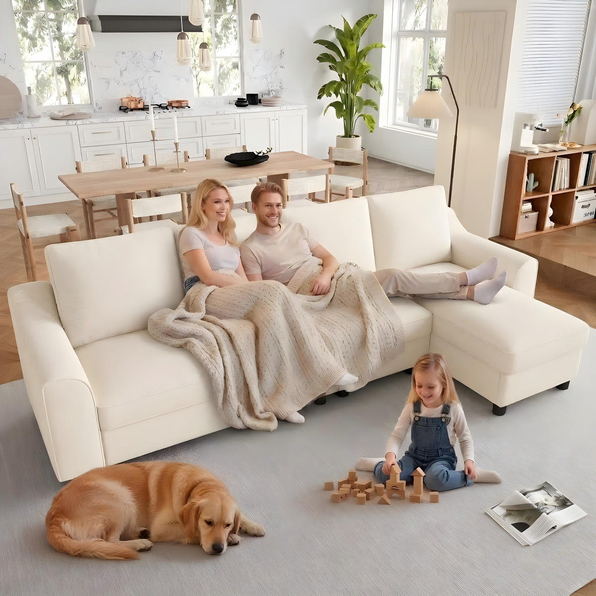 4-SITZER ECKSOFA Chenille Beige mit Stauraum und Getränkehaltern - Beige, Holzwerkstoff/Kunststoff (280/136cm) - WISHDOR