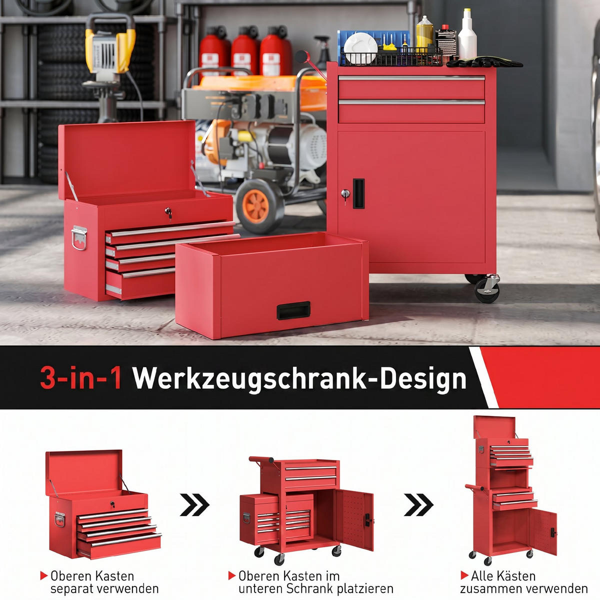 WERKSTATTWAGEN Stahl Rot - Rot, Metall (33.5/131/60.5cm) - HOMCOM