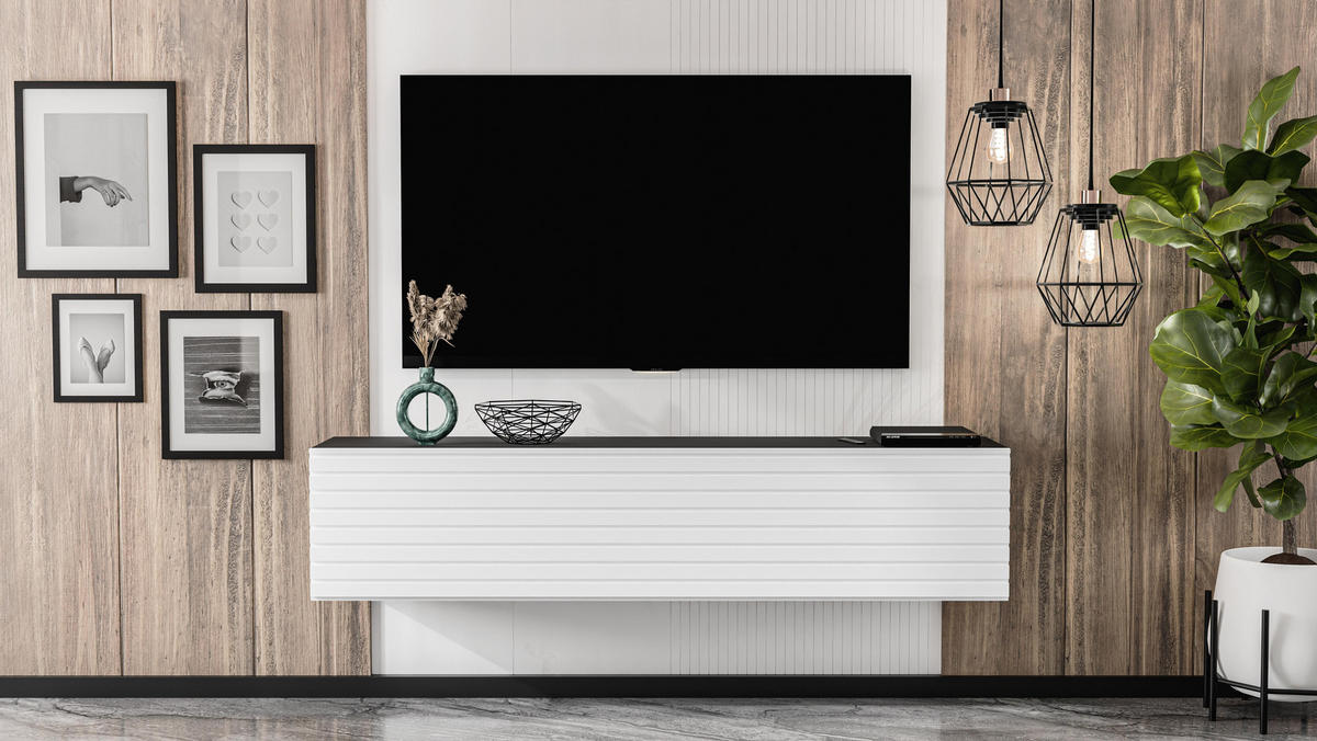 LOWBOARD ZIVOLLI 160 Schwarz, Weiße Lamellen 160/34/40 cm – TV-Hängeschrank mit Lamellenfront - Schwarz/Weiß, Holzwerkstoff/Kunststoff (160/34/40cm) - AX Living