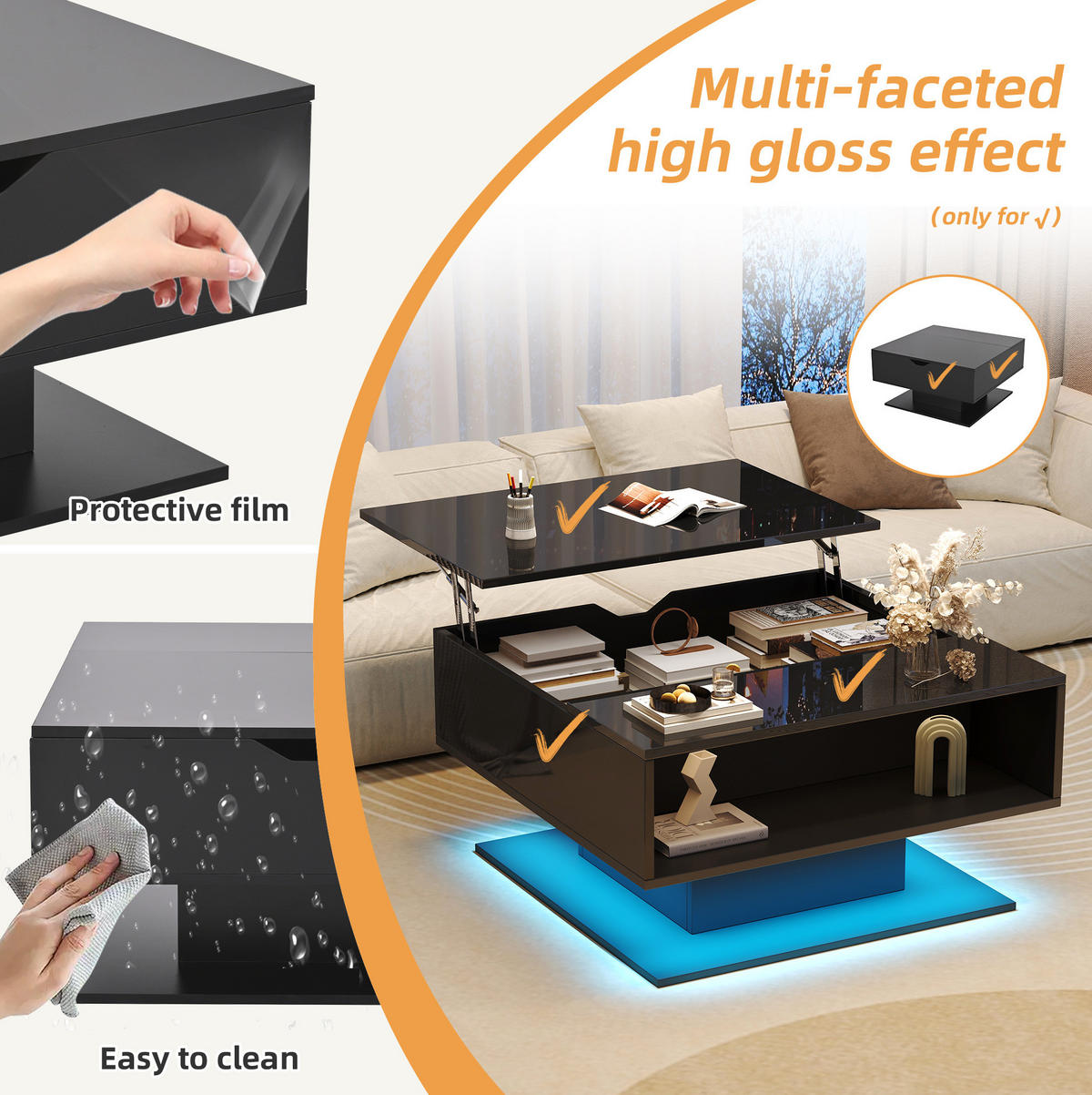 COUCHTISCH 80/75/40 cm schwarz aus Spanplatte mit LED und Stauraum - Schwarz, Holzwerkstoff (80/75/40cm) - OKMYHOME