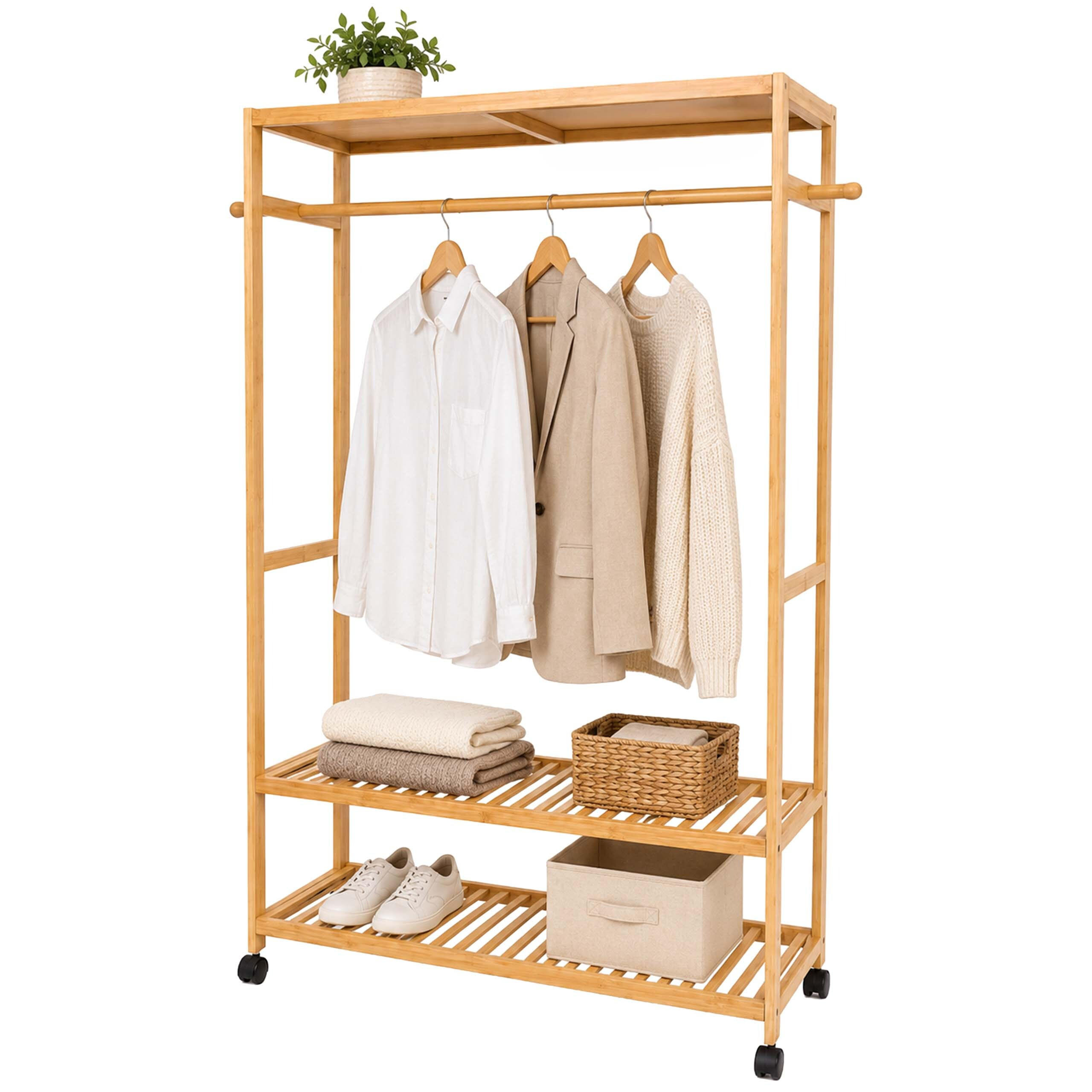 KLEIDERSTÄNDER Natur Bambus mit Rollen - Hellbraun, Holz/Kunststoff (100/160/35cm) - Relaxdays