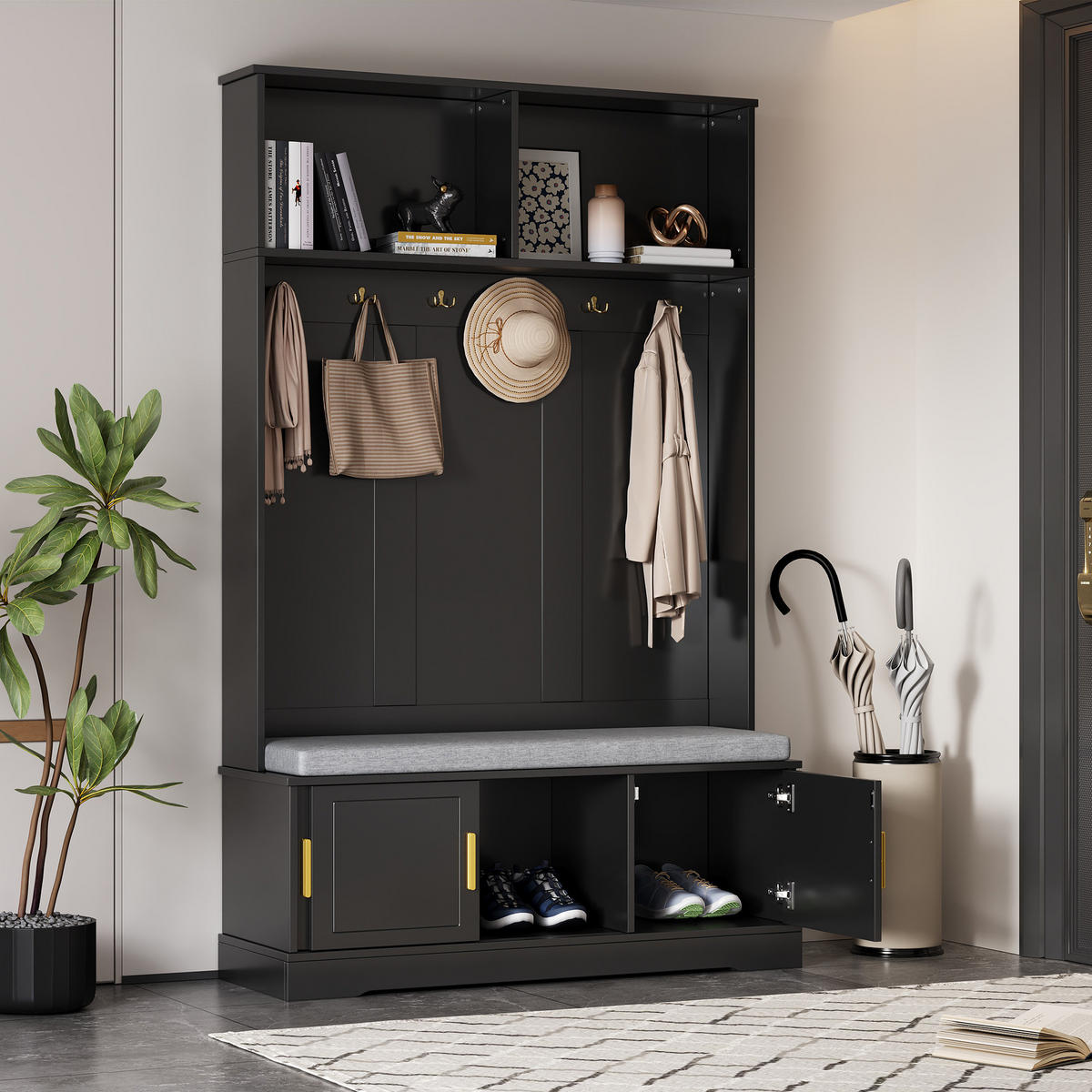 GARDEROBENSTÄNDER mit Bank 6 Haken Schwarz 120x40x191cm - Schwarz, Holzwerkstoff (40/191/120cm) - FLIEKS