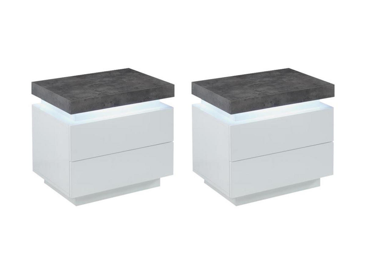 2ER-SET Nachttische mit 2 Schubladen & LEDs - MDF lackiert - Weiß & Beton-Optik - HALO II - Grau, Holz (40/50/55cm) - Vente-Unique