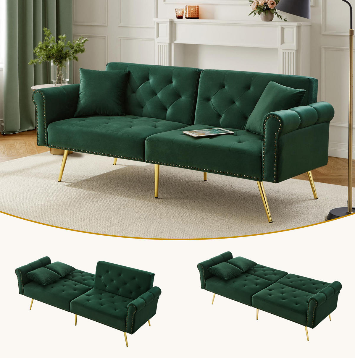 SCHLAFSOFA mit 3-fach verstellbarer Rückenlehne 147x85 cm Samt Antikgrün - Grün, Kunststoff (173/70/75cm) - Meubliv