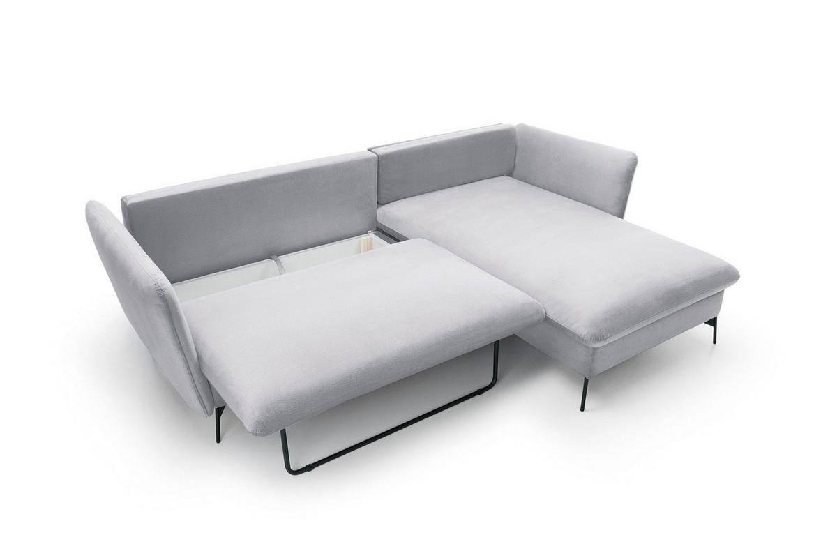 ECKSOFA FERRO Grau Velours-Stoff mit Schlaffunktion - Grau, Holz (258/167cm) - MASSENO