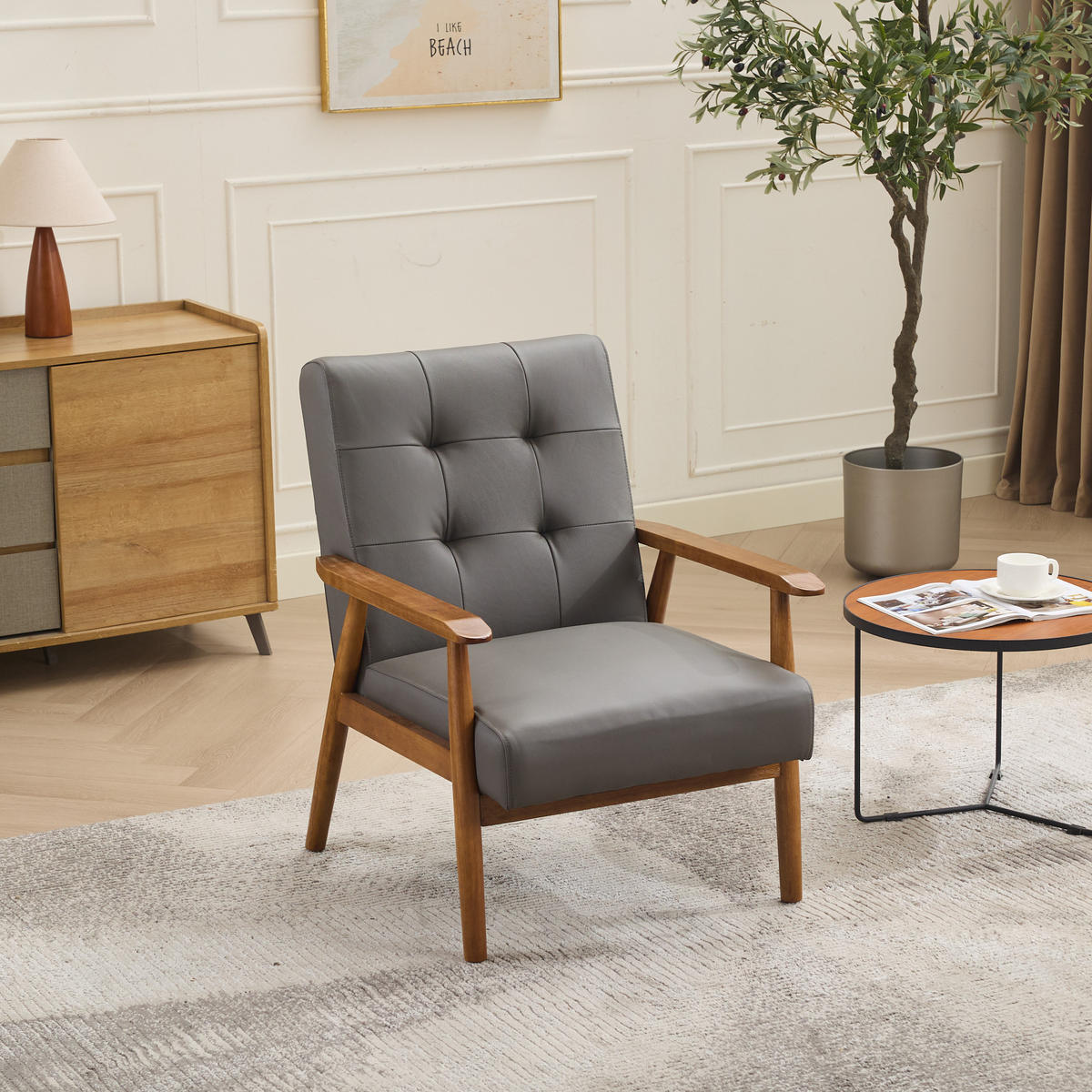 SESSEL Echtleder mit Nussbaum-Armlehnen, DE-42331, Grau - Grau, Holzwerkstoff (80/83/64cm) - ComfortXL