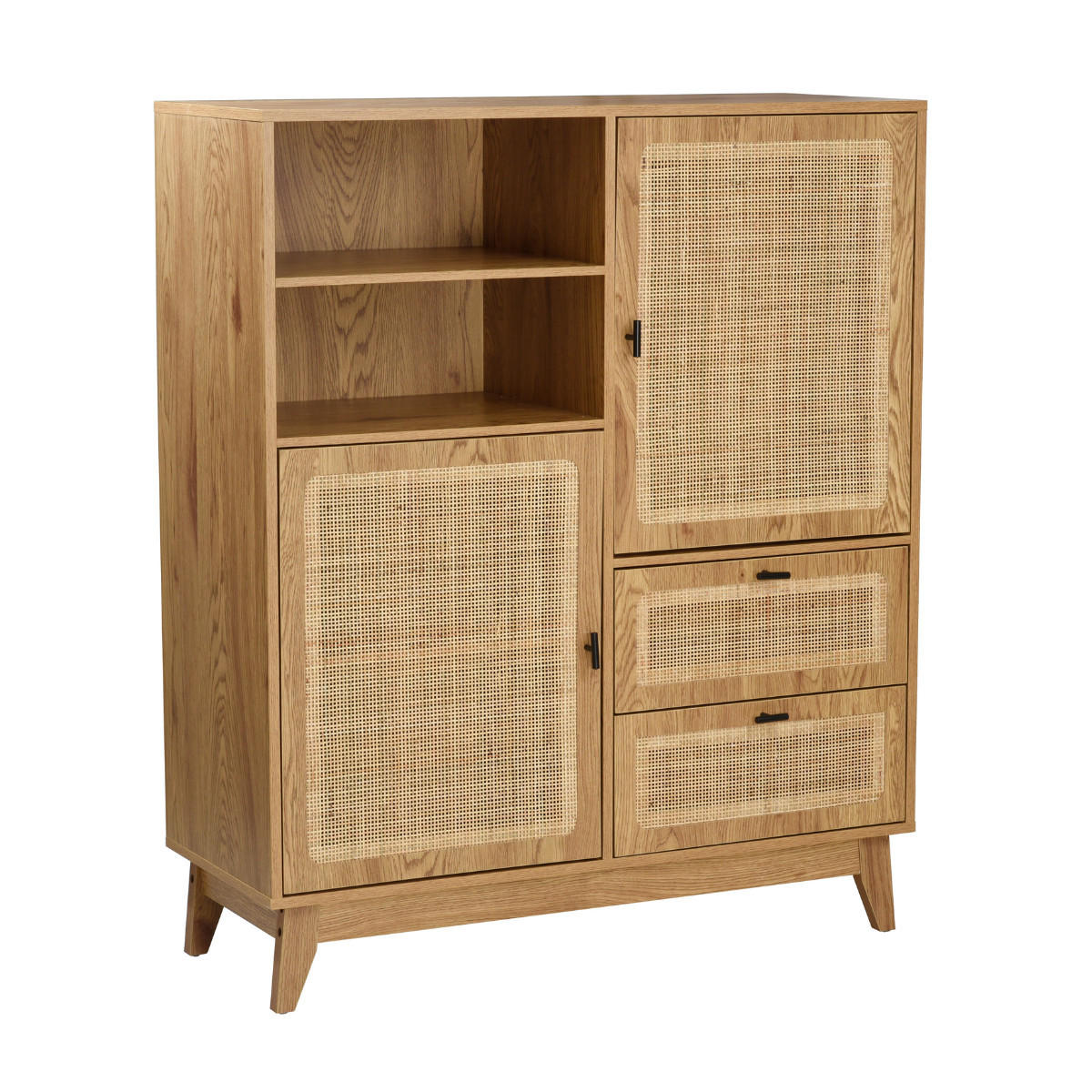 HOHES ANRICHTE 2 Türen 2 Schubladen mit Rattan-Fronten 40/120/100 cm - Eschefarben, Holzwerkstoff (40/120/55cm) - Calicosy