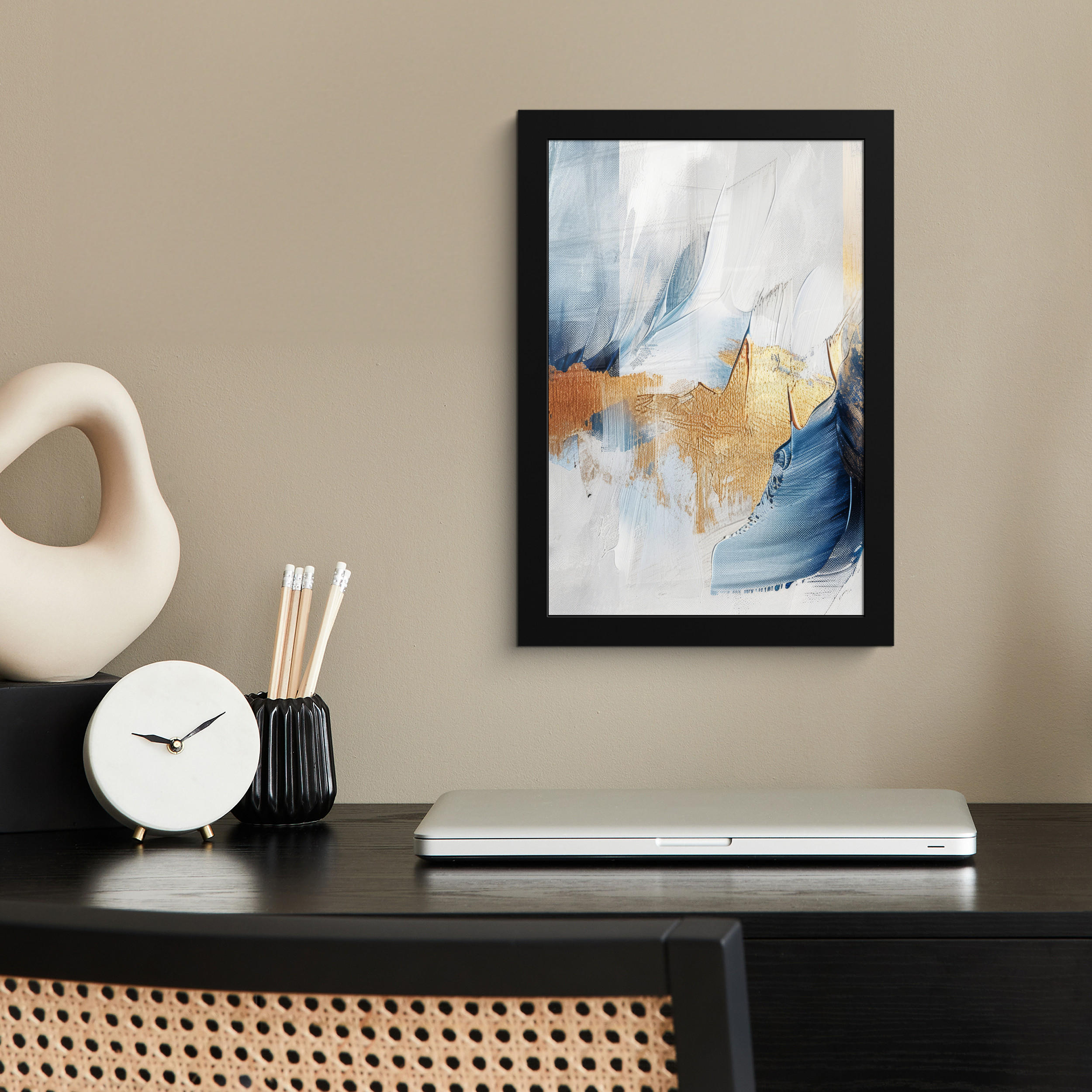 GERAHMTES BILD Gold - Blau - Aquarell - Kunst - Modern 20x30 cm - Hellblau, Papier (20/30cm) - MuchoWow