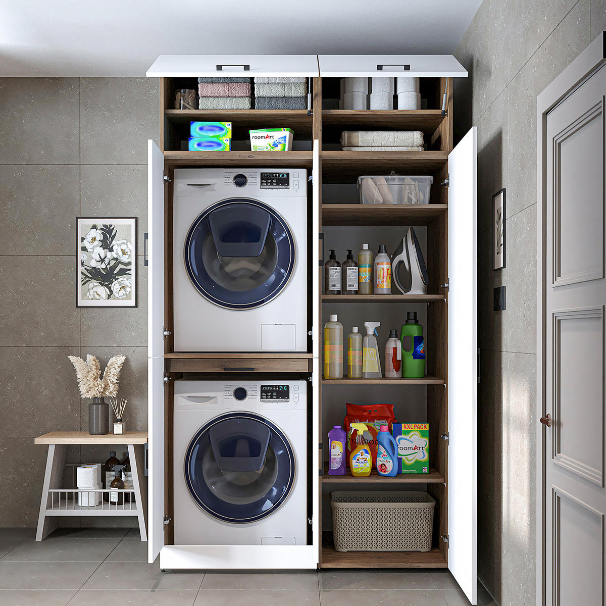 WASCHMASCHINENSCHRANK DORA-I 130cm Breit, 230cm Hoch - Eiche Bianco, Holzwerkstoff (130/230/73.8cm)