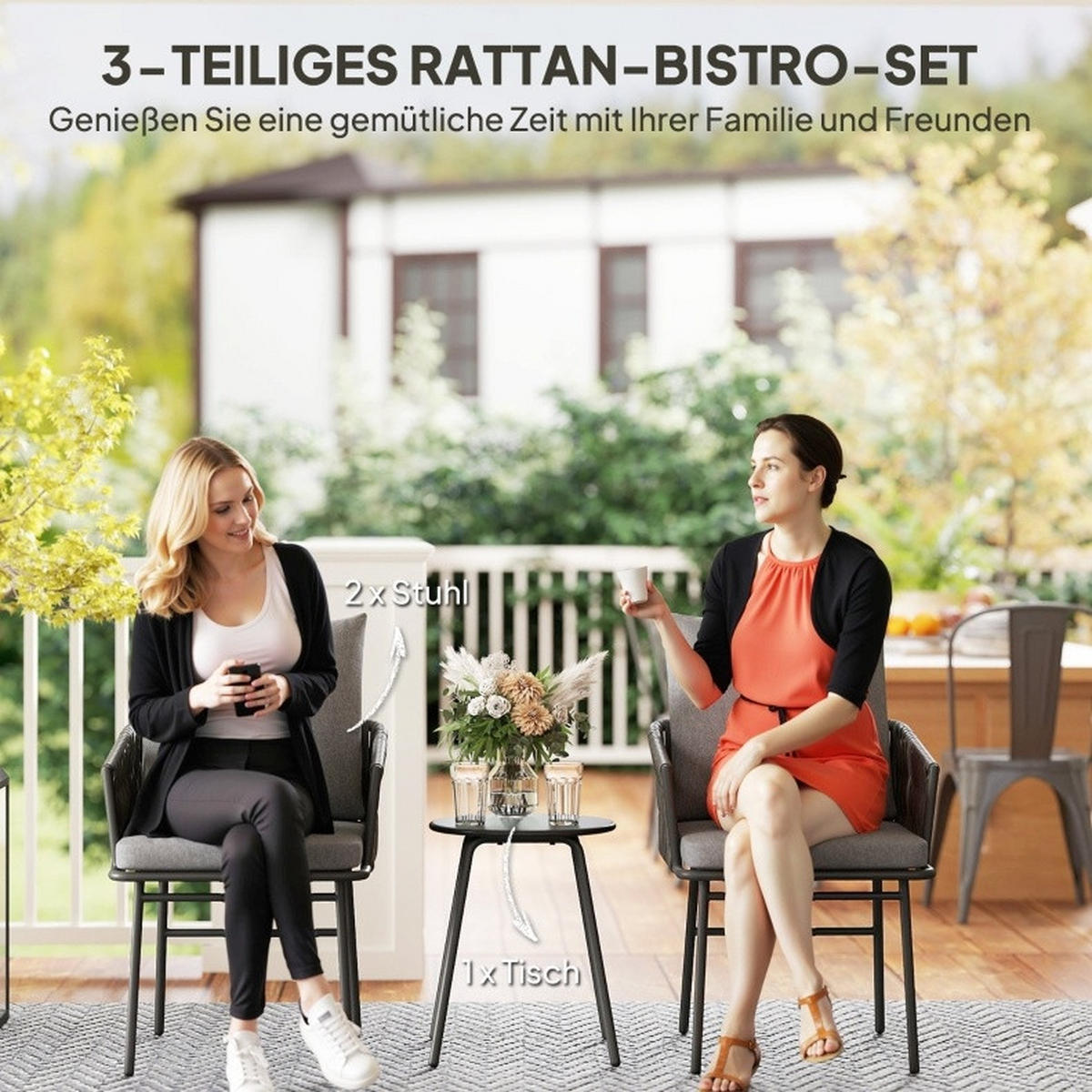 BISTROSET 58/63/69 cm mit 2 Sesseln, Tisch und abnehmbaren Kissen, Stahl, Grau - Grau, Metall - Redom