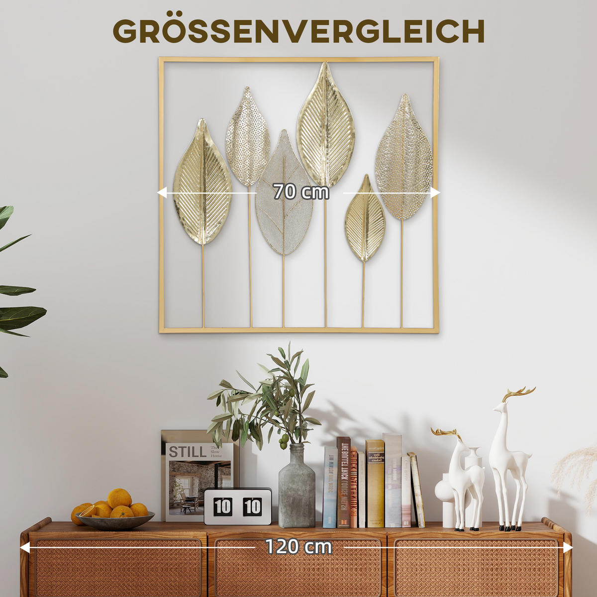 WANDDEKOR DE-08853 Blattdesign mit Metallrahmen, 70/70 cm Goldfarben - Goldfarben, Metall (2.5/70/70cm) - ComfortXL