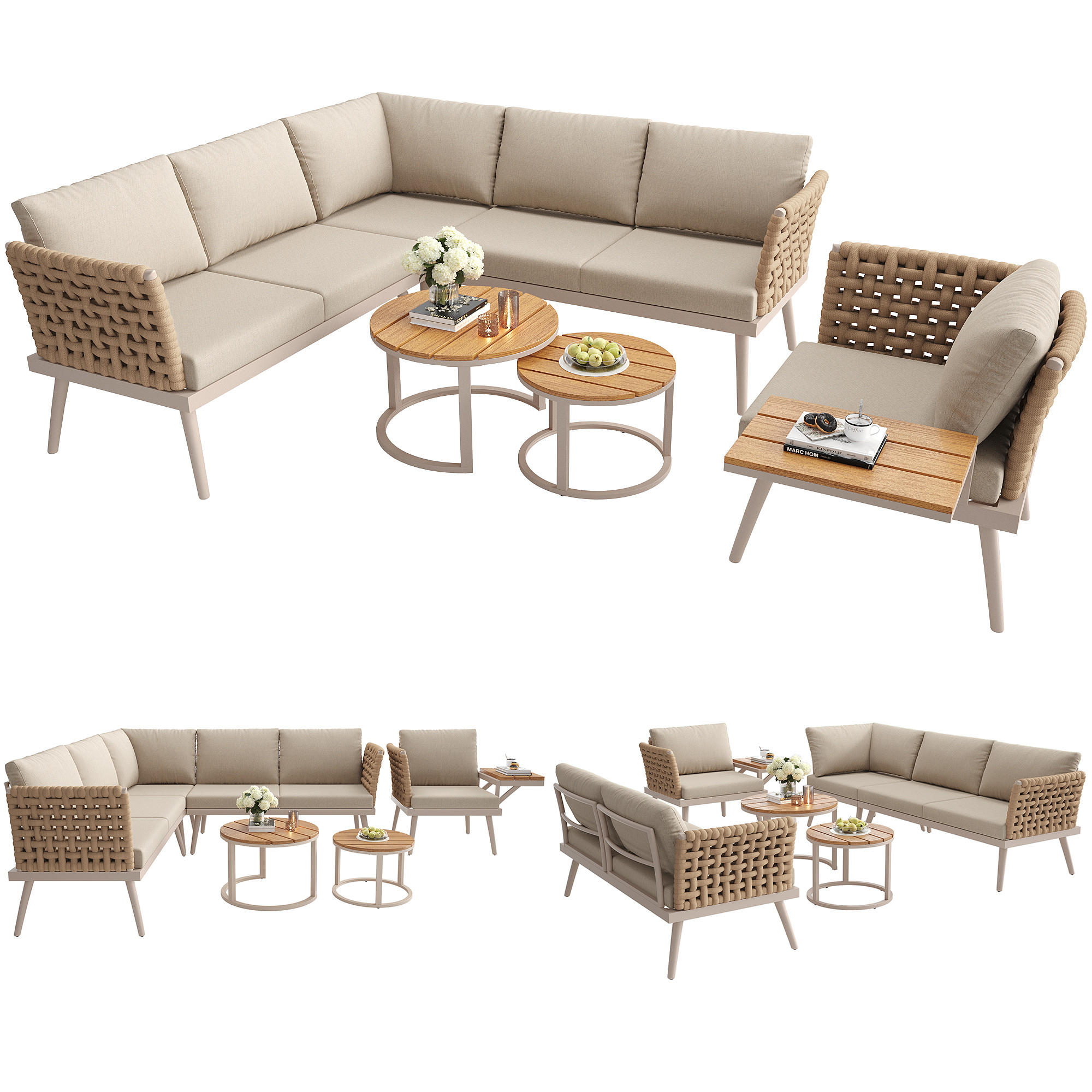 GARTENSET L-Form 6 Personen Beige Inkl. 2 Tische & Sessel Mit Polstern - Beige, Metall - FLIEKS