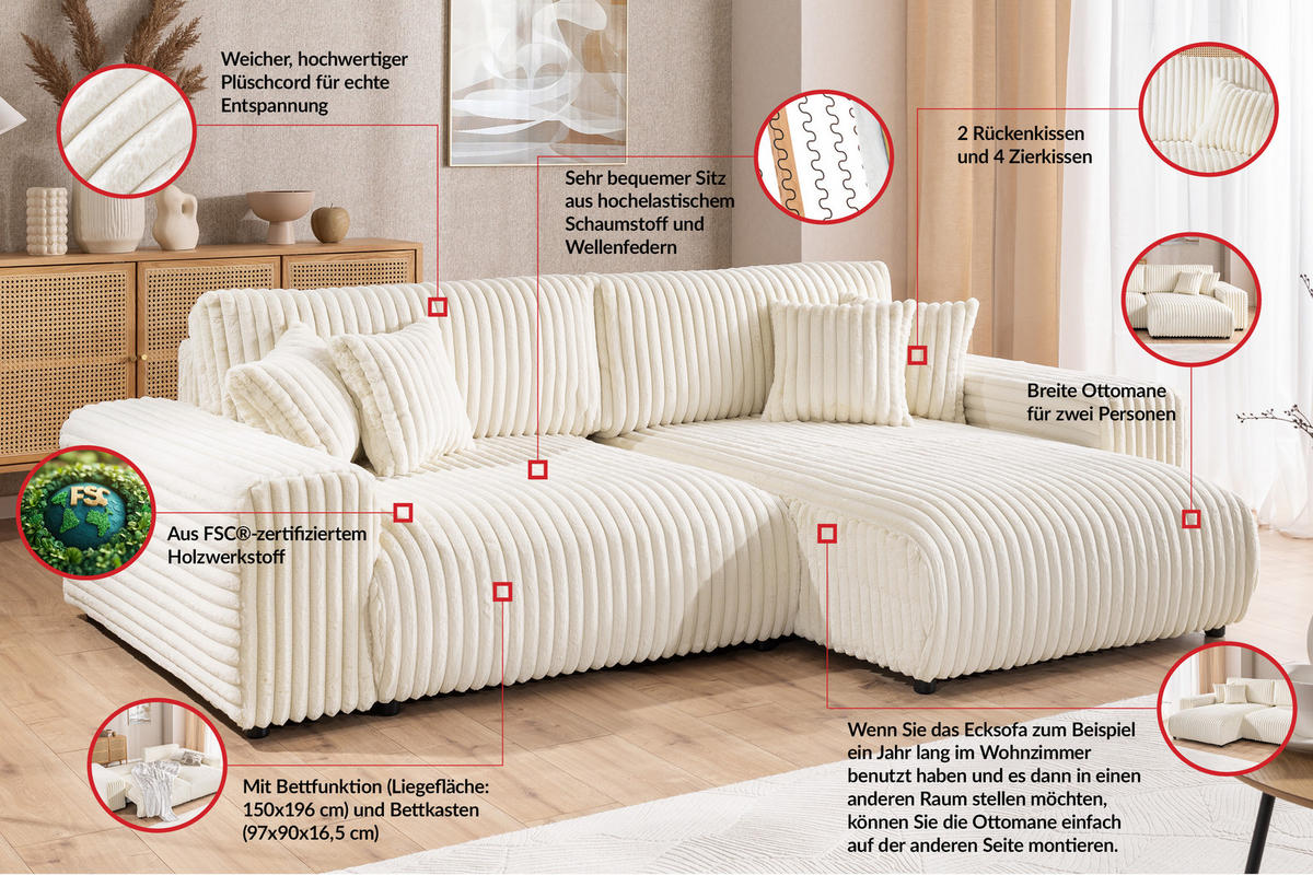 ECKSOFA Mollis Hellbeige Plüschcord - Ottomane Rechts - Beige/Schwarz, Holz/Kunststoff (255/168cm) - S-Style Möbel