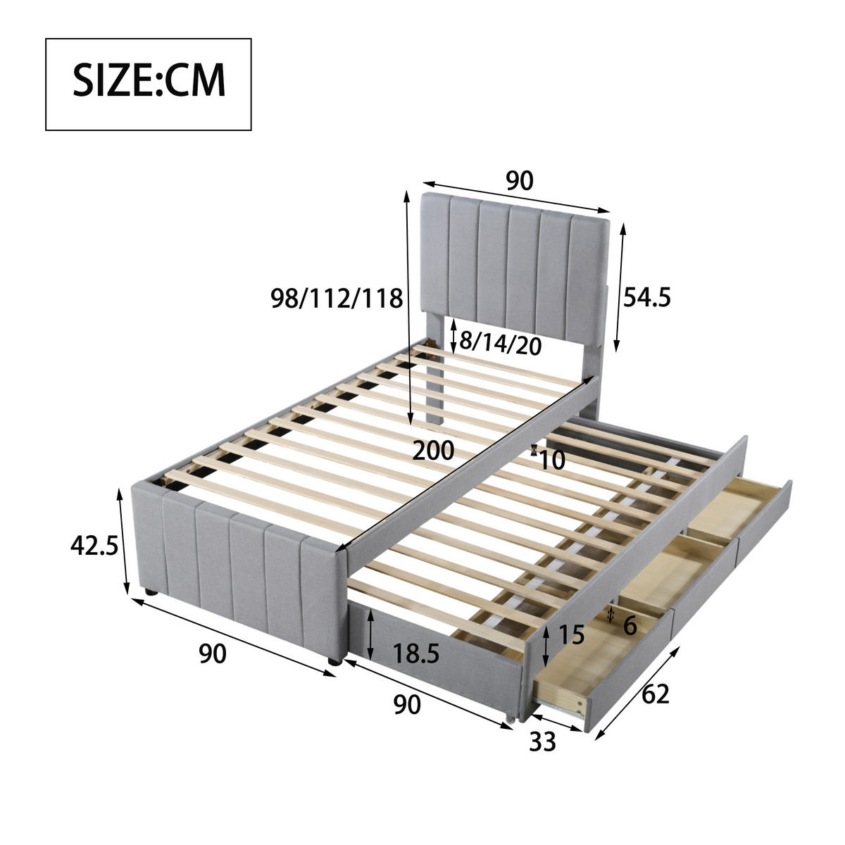 POLSTERBETT 90/200 cm grau mit Rollbett und Stauraumschubladen - Grau, Textil (90/200cm) - OKWISH