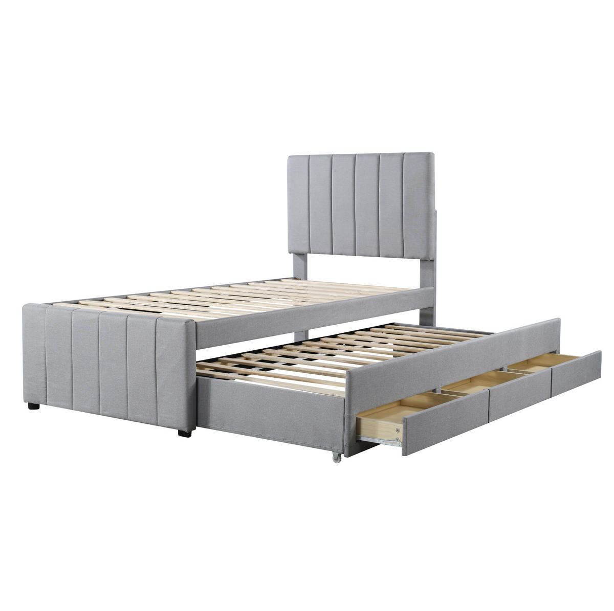 POLSTERBETT 90/200 cm mit Rollbett, 3 Schubladen und verstellbarem Kopfteil - Grau, Textil (90/200cm) - BEAOK