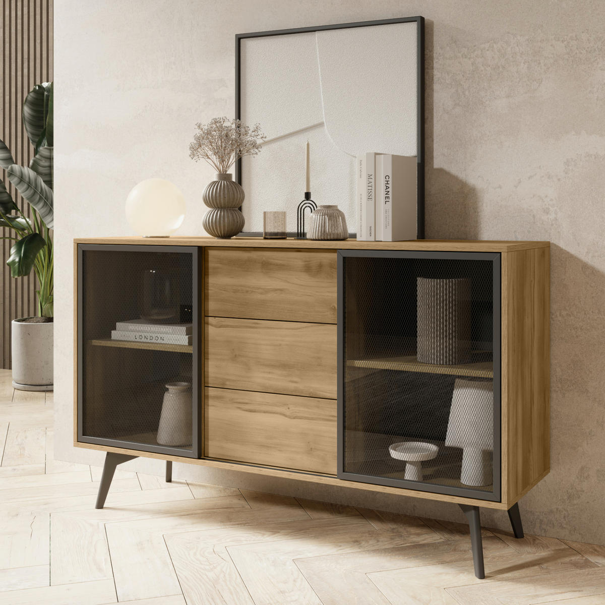 SIDEBOARD ESTEVAN KOM1 Schiebetüren aus Glas Eiche Gold Eiche Gold - Eichefarben/Honig, Holz/Holzwerkstoff (144/85/39cm) - Komodee