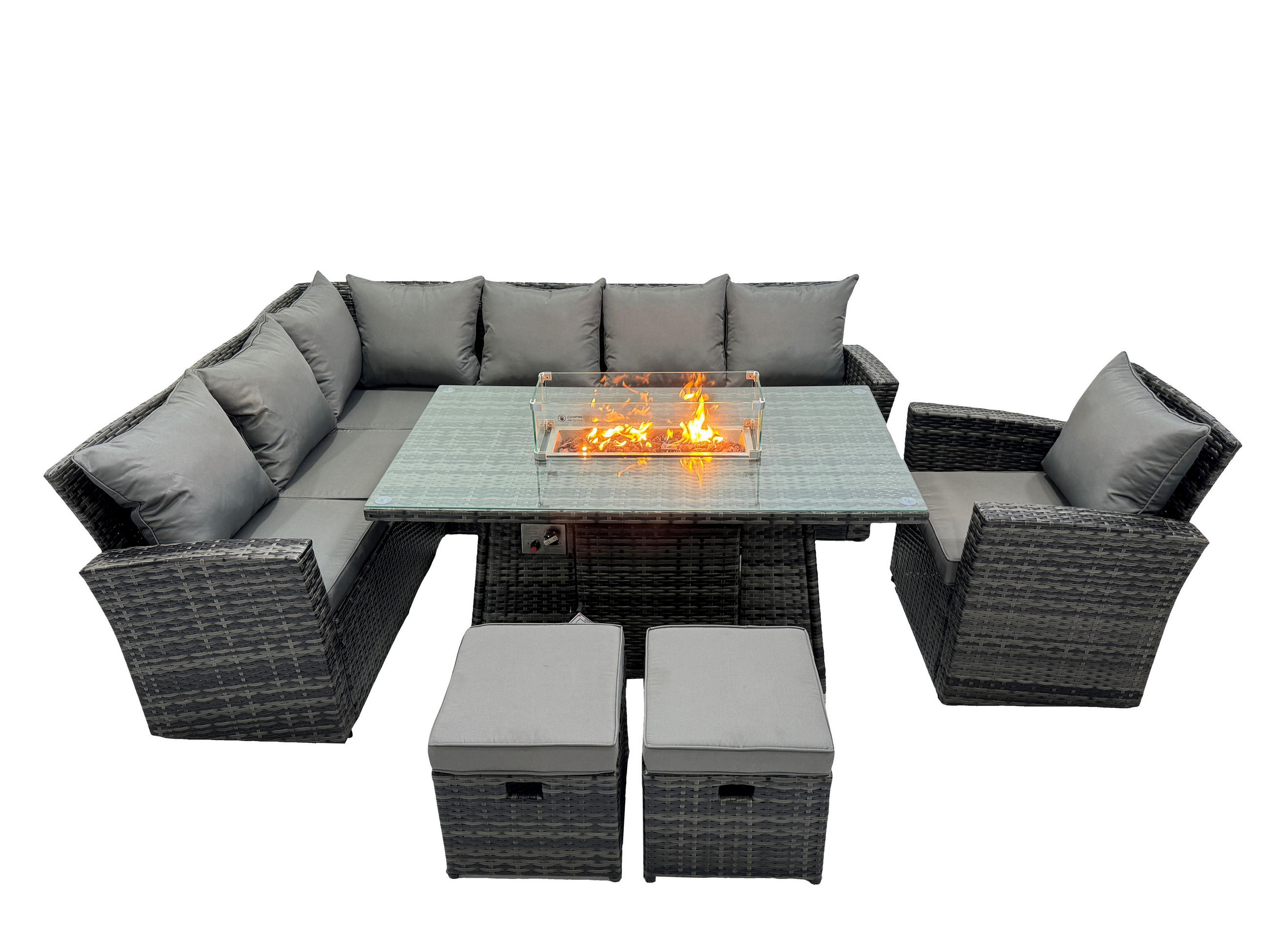 GARTENTISCHGRUPPE linke Ecke Polyrattan Dunkelgrau 9-Sitzer - Dunkelgrau/Grau, Glas/Kunststoff - Fimous