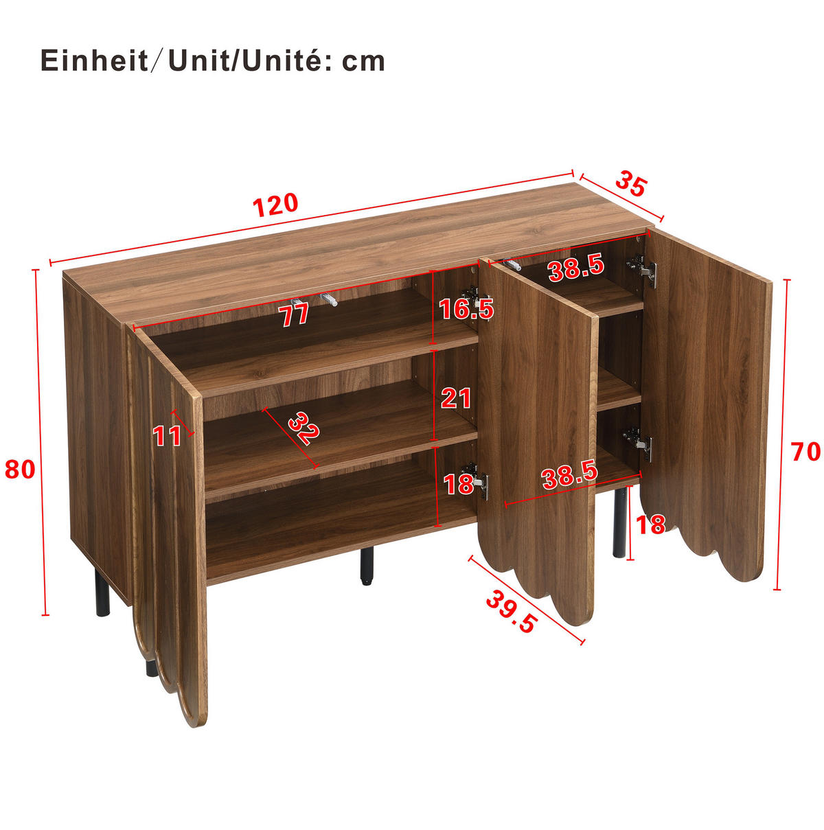 KOMMODE aus MDF 120x35x80cm in Walnuss mit Rebound-System - Walnussfarben, Holzwerkstoff (120/80/35cm) - Modfu
