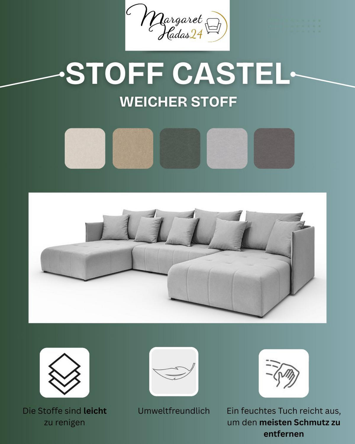WOHNLANDSCHAFT Hanna in U-Form 348 x 188cm Schlaffunktion Bettkasten, 5 Sitzer, Schlafsofa, dunkelgrau - Dunkelgrau, Kunststoff (348/93/188cm) - Margaret Hadas24