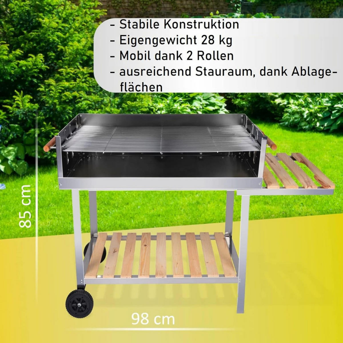 GRILLWAGEN Edelstahl 145 cm Holzkohlegrill mit Ablageflächen und Grillrost - Silberfarben/Schwarz, Holz/Metall (60/90/145cm) - Resch