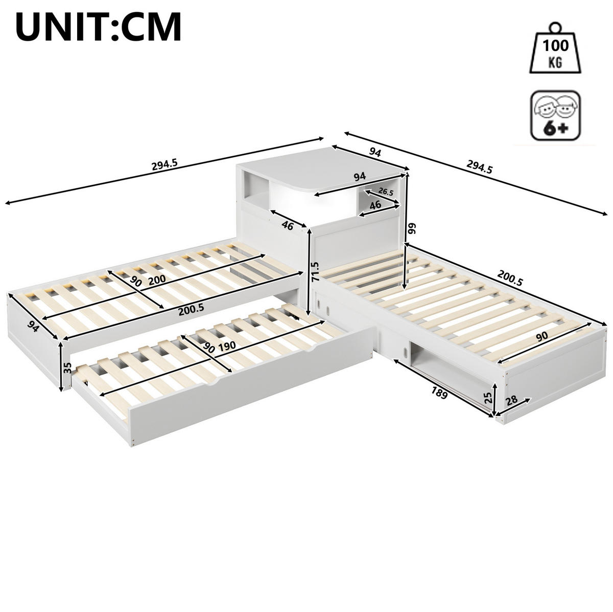EINZELBETT aus MDF und Kiefer 90x200 cm Weiß mit Ausziehbett, Stauraum und LED-Nachtlicht - Weiß, Holz (90/200cm) - IVMEU