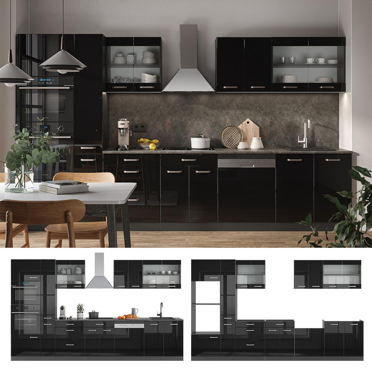 KÜCHENZEILE R-Line Schwarz Hochglanz 350 cm mit Hochschrank, AP Marmor - Schwarz Hochglanz/Anthrazit, Holzwerkstoff (350/81.6/60cm) - Vicco