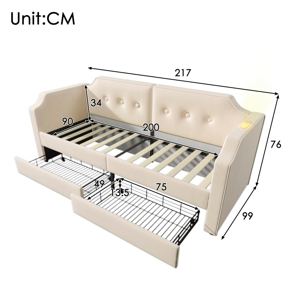POLSTERBETT 90/200 cm Beige mit USB-Type-C Leselicht und 2 Stauraum Schubladen - Beige, Textil (90/200cm) - OKWISH