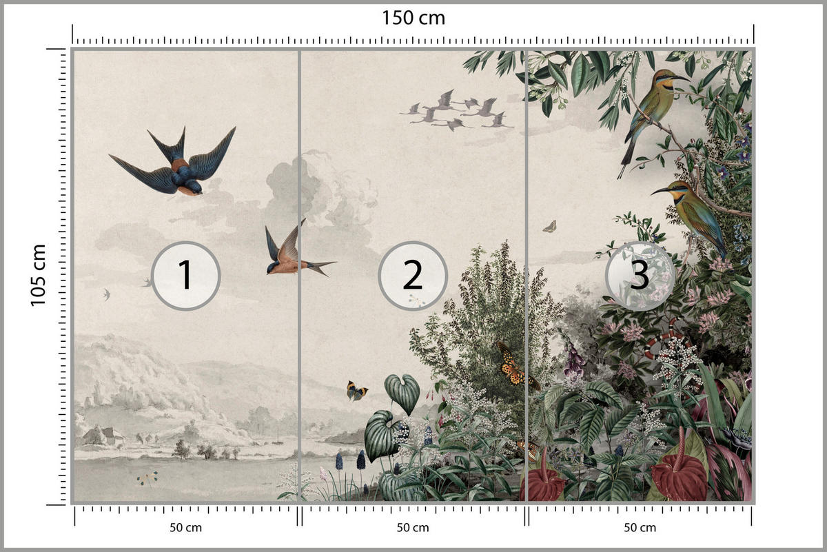 FOTOTAPETE für Wohnzimmer Retro Tropenlandschaft Vögel Büsche 150x105 - Beige/Rot, Papier (150/105cm) - Muralo