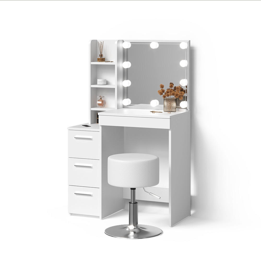 SCHMINKTISCH Ivera Weiß mit LED Beleuchtung und Hocker - Weiß, Holzwerkstoff (79.9/127.4/40cm) - Livinity®
