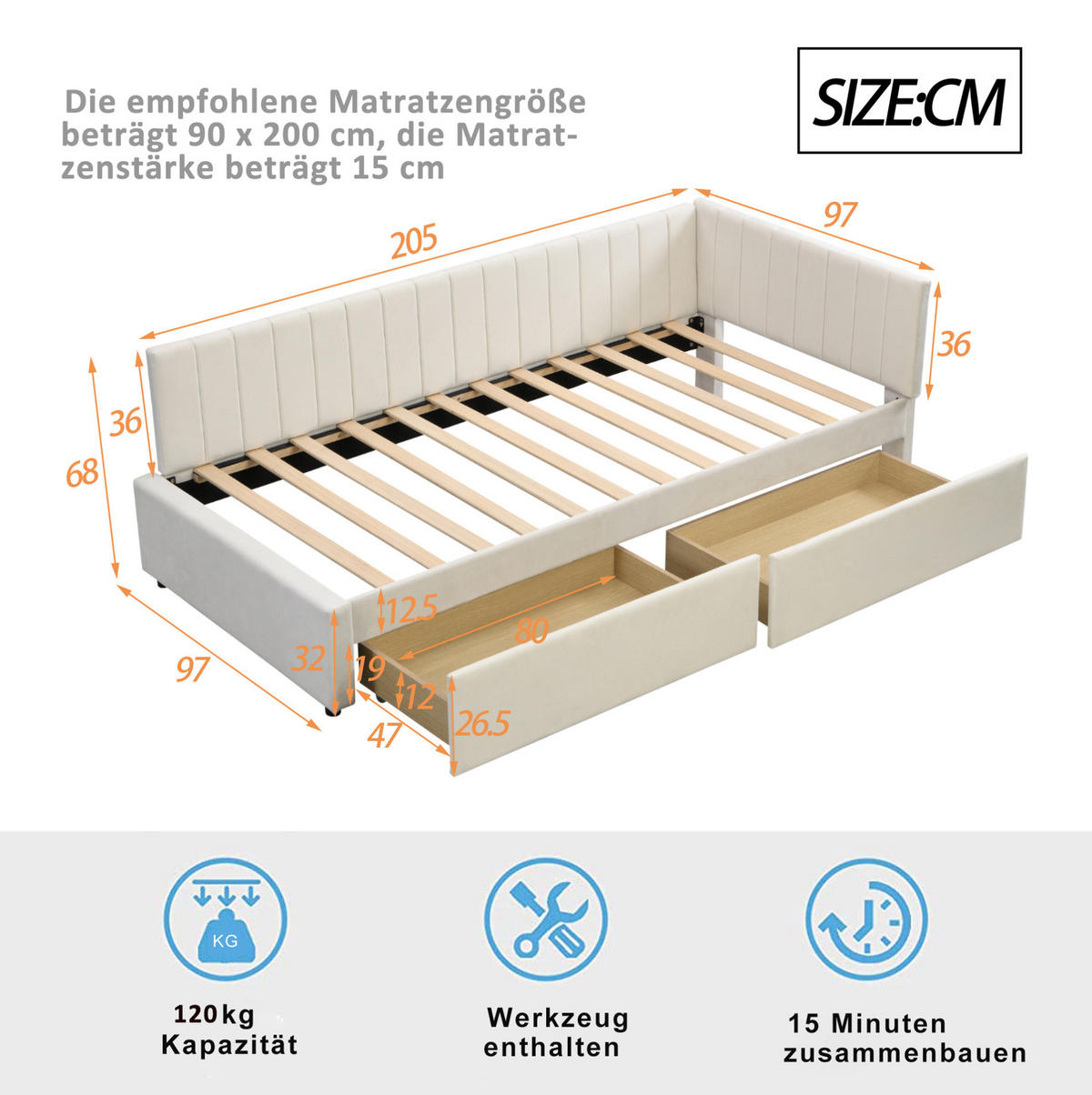 TAGESBETT aus Stoff 90x200 cm Beige mit 2 Schubladen, Lattenrost und variabler Rückenlehne - Beige, Leder (90/200cm) - Modfu