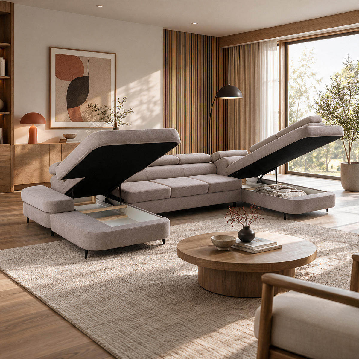 ECKSOFA U-Form PRIAM MAXI U Rechts mit Schlaffunktion 125x317 Velours Beige - Beige/Schwarz, Holz/Textil (400/91/203cm) - Muffo