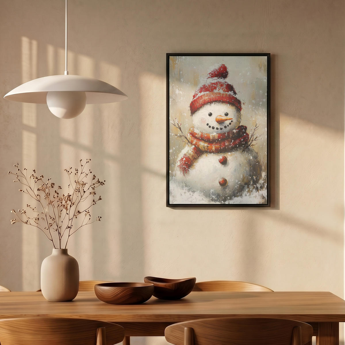 LEINWAND Bilder mit Rahmen - Schneemann - Winter - Schnee - Beige - 40x60 - Weiß, Textil (40/60cm) - MuchoWow