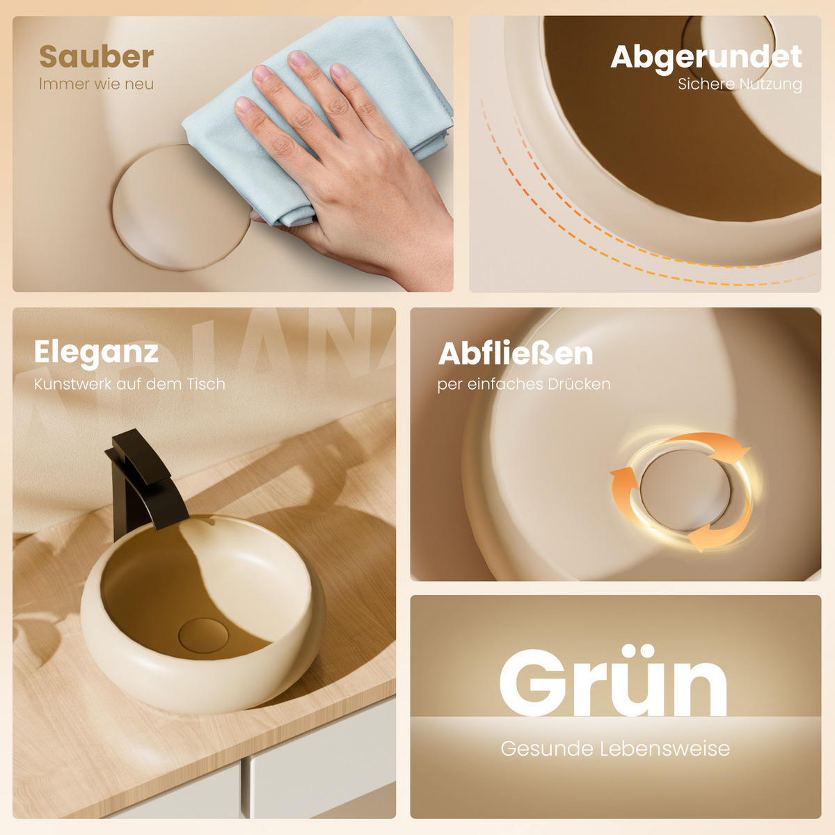 WASCHBECKEN Rund Gebogen Aufsatzmontage Mattbeige Ø36 / 12 cm - Beige, Keramik (36/12/36cm) - EMKE