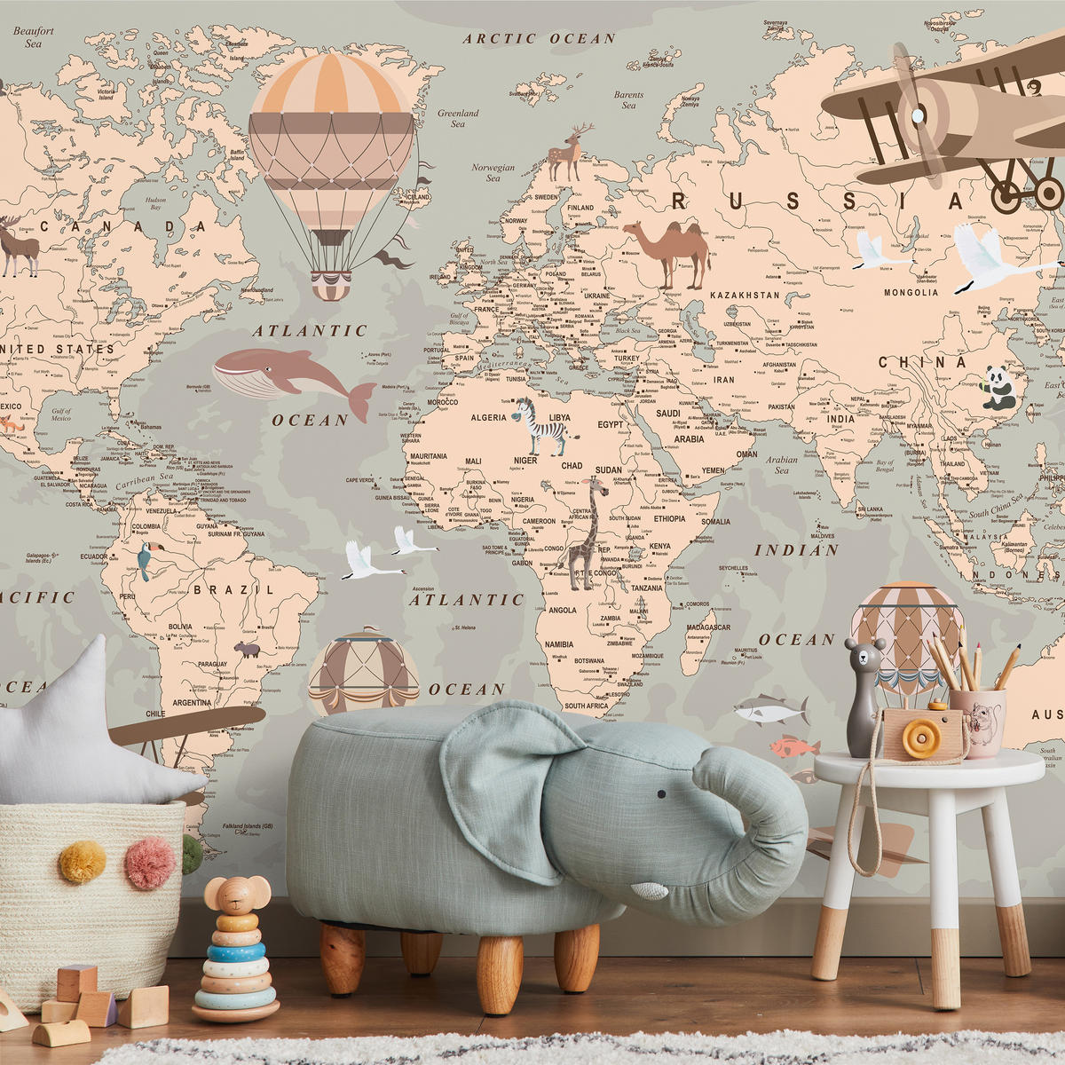FOTOTAPETE für Kinder WELTKARTE Flugzeuge Luftballons Tiere 300x210cm - Blau/Beige, Papier (300/210cm) - Muralo