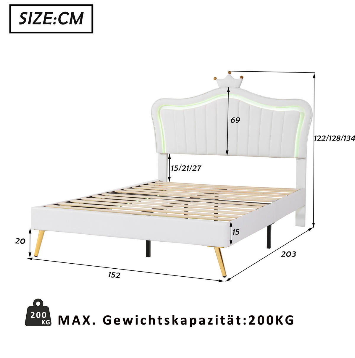 KINDERBETT 140/200 cm mit LED-Beleuchtung, verstellbarem Kopfteil und Muschel-Kronen-Design, Weiß - Weiß, Textil (140/200cm) - Redom
