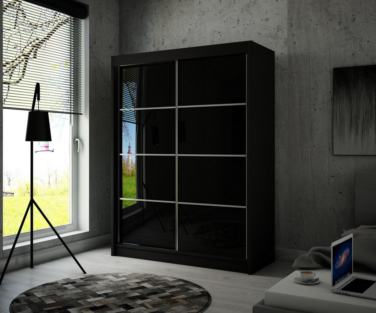 SCHIEBETÜRENSCHRANK TIPI III - Schwarz, Holzwerkstoff (150/215/61cm) - Meblini