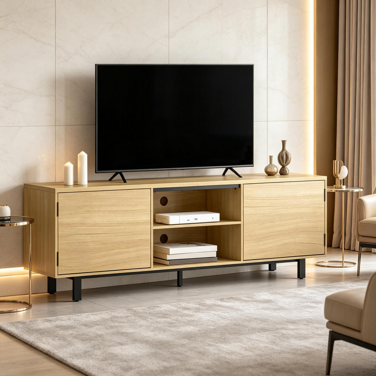 TV-SCHRANK 160/35/55.5 cm Natürlich mit 2 Drucktüren und 2 offenen Regalen - Naturfarben, Holz/Holzwerkstoff (160/55.5/35cm) - Oxeza