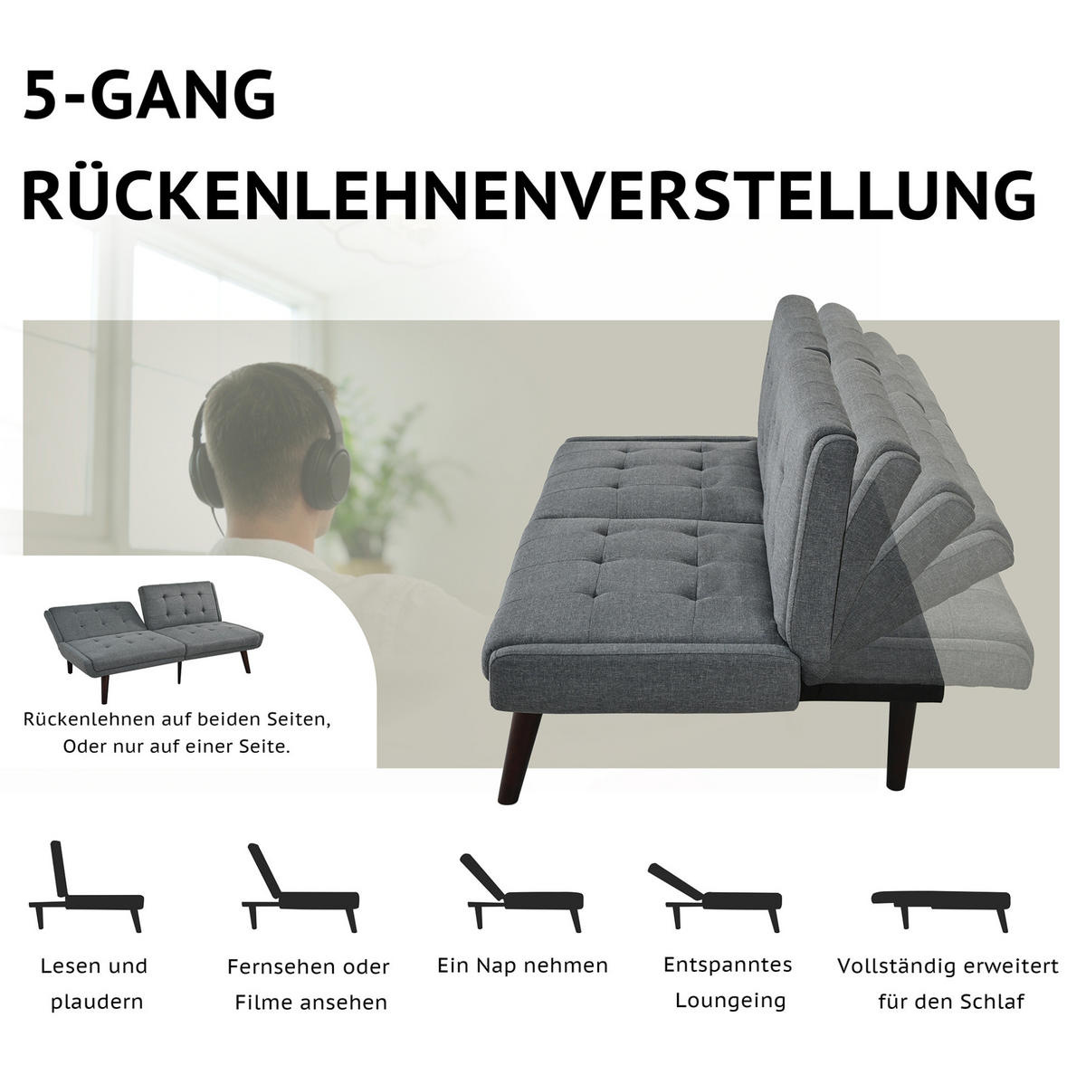 ROZKLÁDACÍ pohovka 146/89 cm šedá z lnu s 5polohovým opěradlem a funkcí lůžka - šedá, textil (51/70/157cm) - OKWISH
