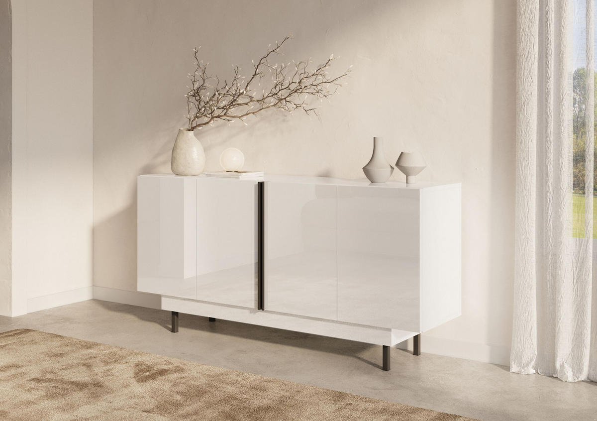 SIDEBOARD Artemisa Weiß, goldener Akzent, Hochglanz - Schwarz Hochglanz/Weiß, Holzwerkstoff/Metall (163/81/42cm) - Dancan